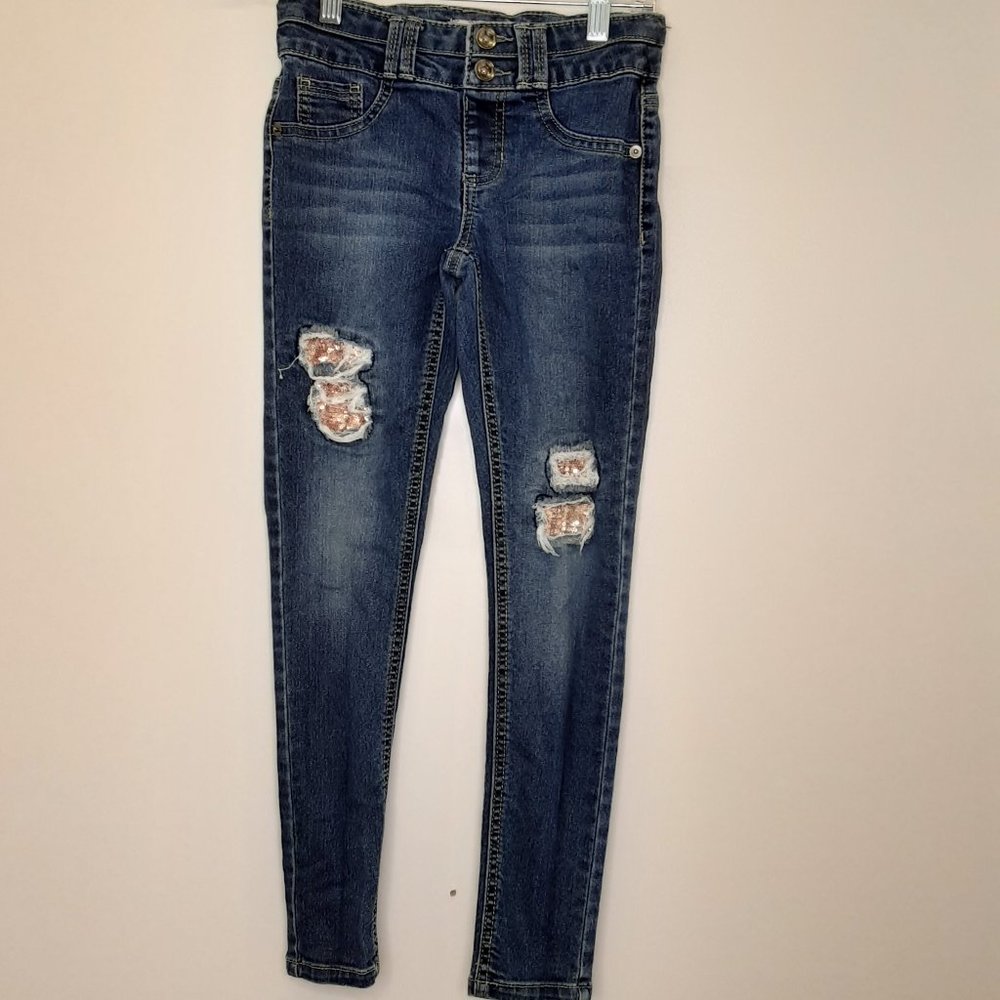 Distressed Rose Gold Sequin Jeans